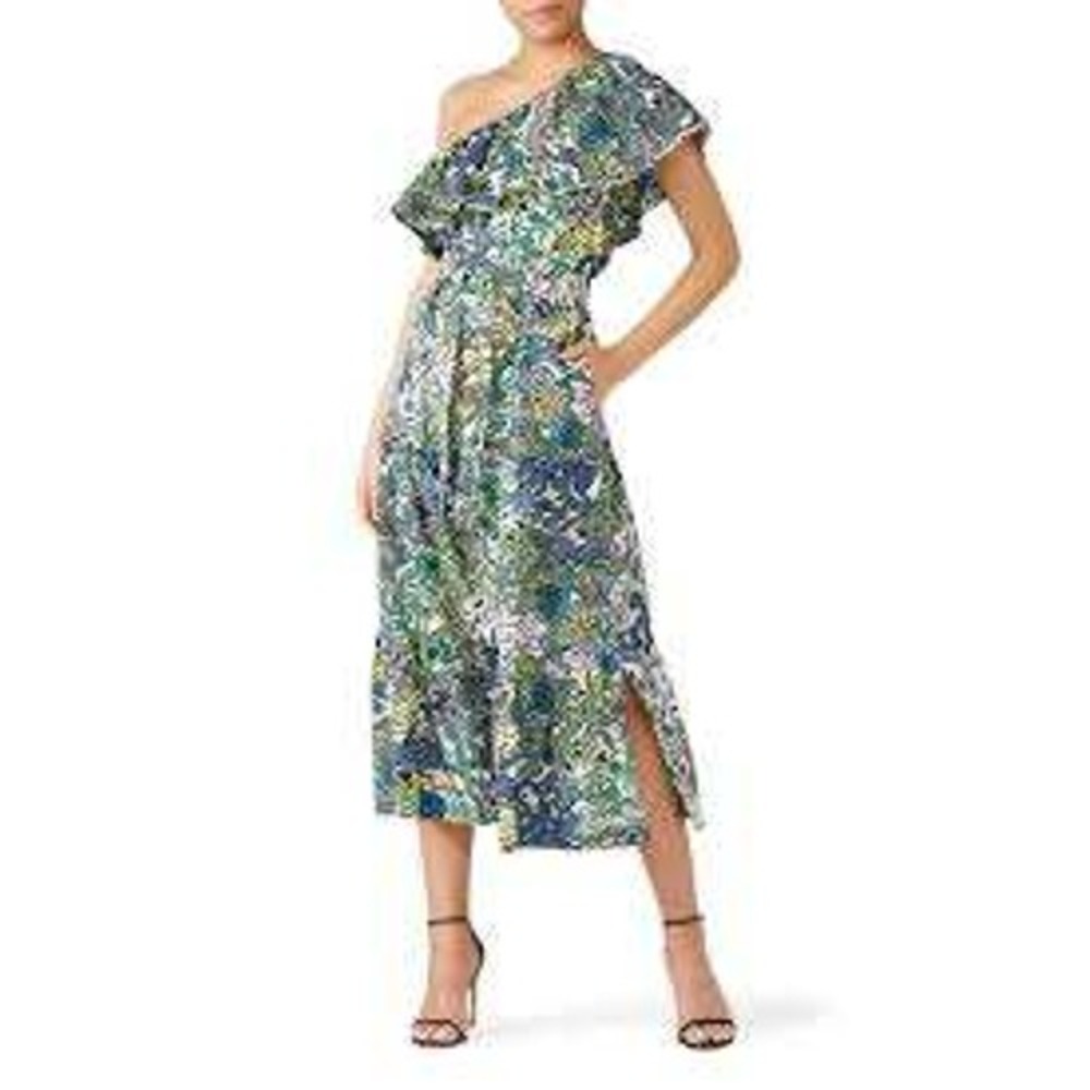 ALC One Shoulder Midi Dress Small Blue Green Paisley Floral Ruffle Tiered Summer